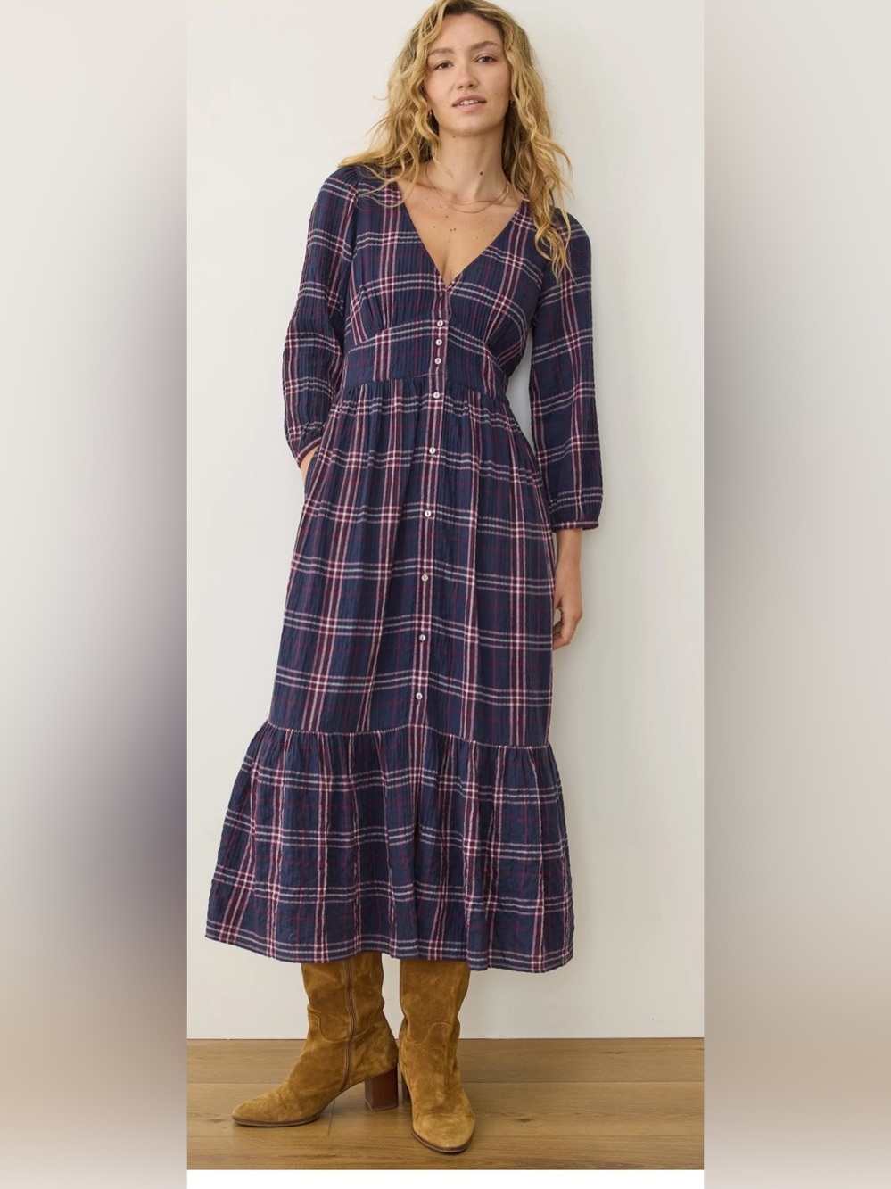 Marine Layer Maeve Plaid Tiered Midi Dress Navy Burgundy Small